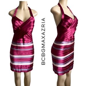 BCBGMAXAZRIA Satin Tiered Halter Y2K Mini Bodycon Backless Shutter Pleatef Dress